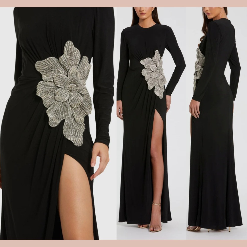 NWT Mac Duggal [ 10 ] 11809 Long Sleeve Jersey Gown w/ Embellished‎ Flower S1853